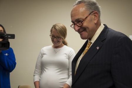  Sen. Charles E. Schumer visits Littauer's Birthing Center and speaks to Darcie Knapp, LPN at Littauer and expecting mother