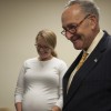 Sen. Charles E. Schumer visits Littauer's Birthing Center and speaks to Darcie Knapp, LPN at Littauer and expecting mother