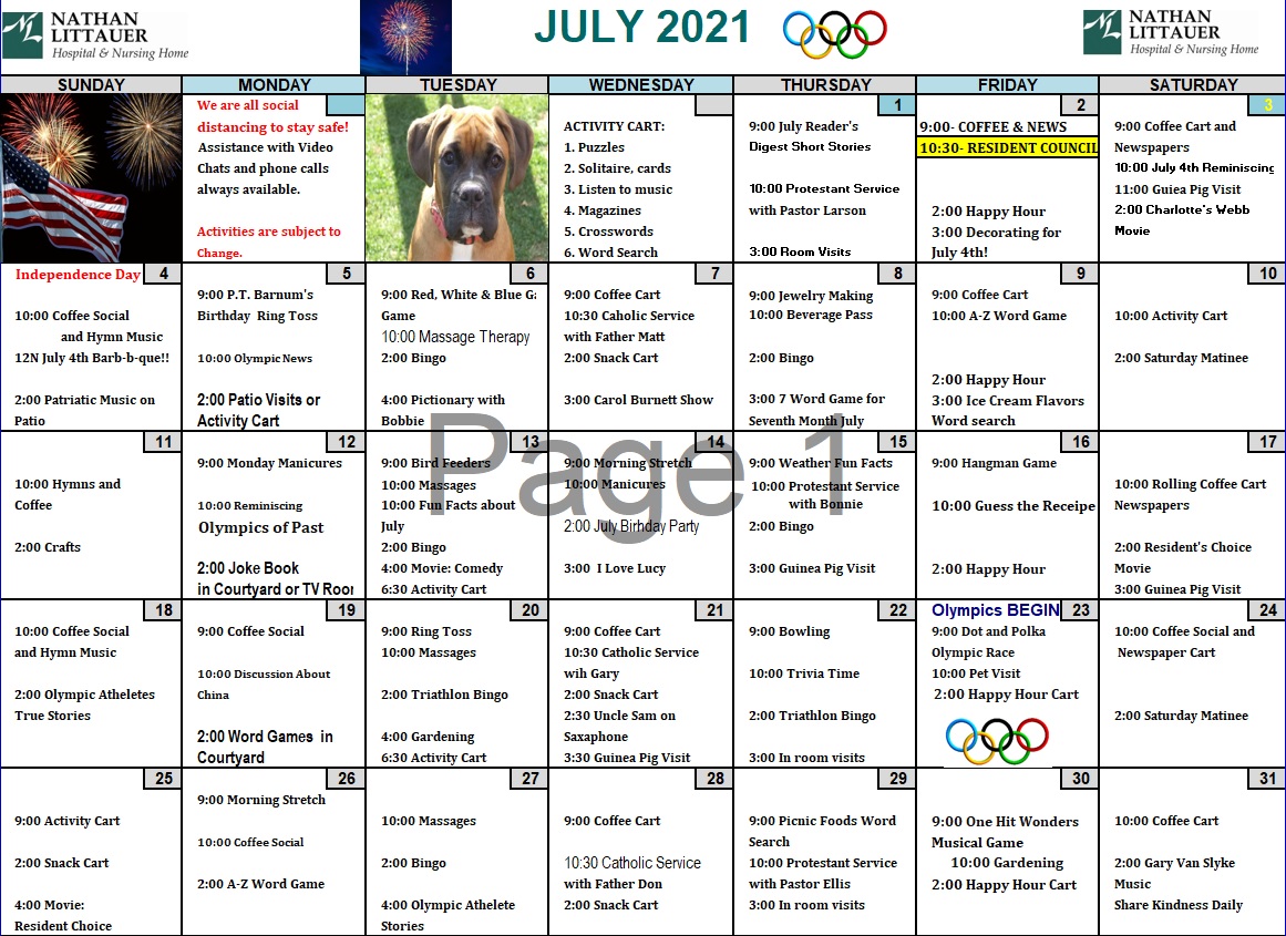 Nathan Littauer Nursing Home Resident Activity Recreation Calendar